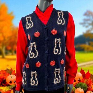 Halloween Cats Sweater Vest Blue White Embroidered Cats Pumpkins Large Vneck